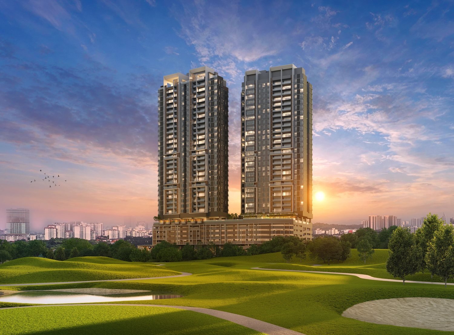 OAKA Residences Bukit Jalil twin blocks above the golf course (artist's impression)